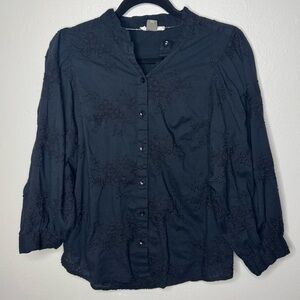 Anthropologie Pilcro Womens Black Embroidered Floral Long Sleeve Button Up Shirt